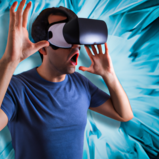 A person wearing a VR headset and experiencing a virtual reality environment